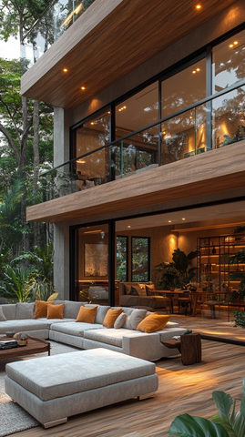 木质天花板玻璃墙客厅设计