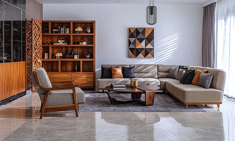 现代客厅设计木质书架灰白调