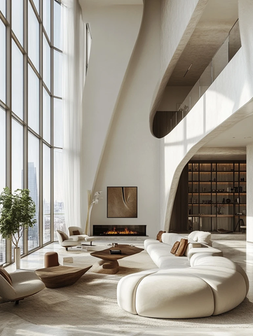 白色客厅与黑色悬挂壁炉