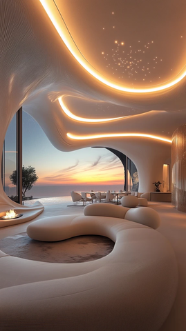 未来居室弧形墙面黄昏景