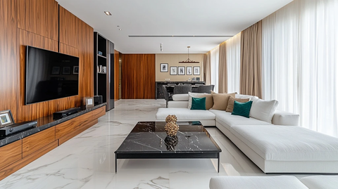 白色沙发黑色茶几木质墙