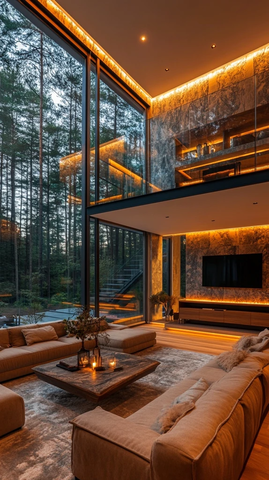 玻璃墙客厅配开放式厨房