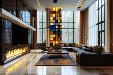 玻璃窗厨房壁炉客厅组合