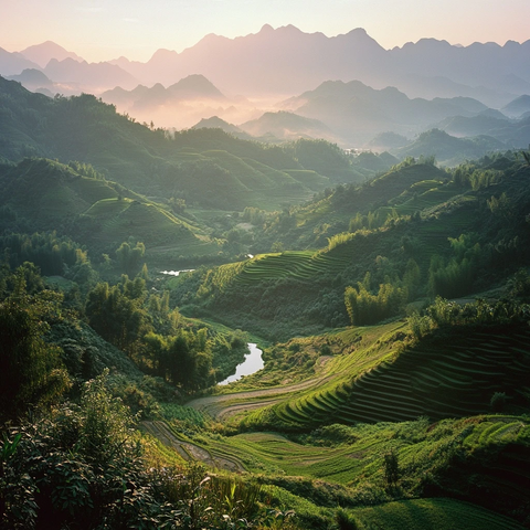 山间梯田美景云雾缭绕的自然风光