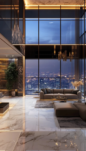 高天花板大理石地板全景窗