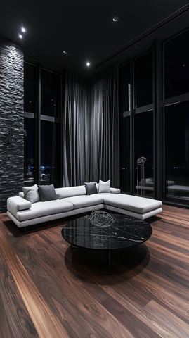 黑色石墙暗色客厅全景