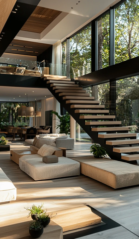 白橡木悬浮楼梯与玻璃墙