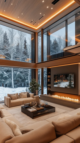 豪华客厅冬日雪景壁炉