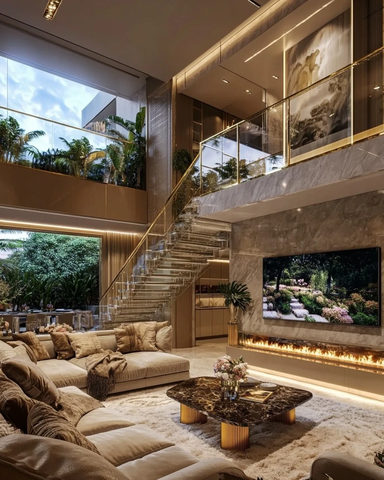 玻璃楼梯客厅设计豪华沙发与壁炉