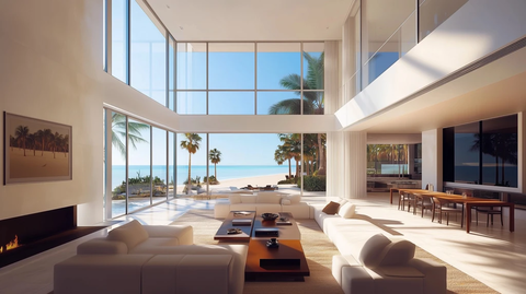 别墅客厅落地窗海景