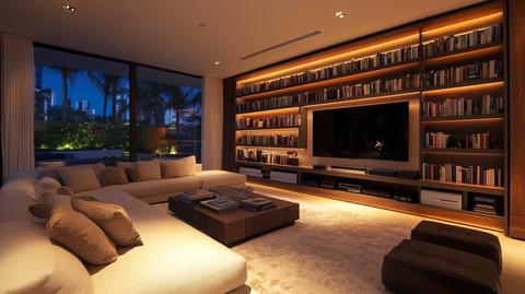 大电视墙搭配形沙发书柜环绕