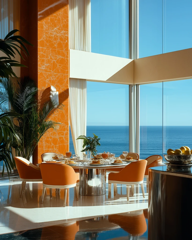 橙银色餐厅落地窗海景