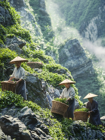 山间茶农戴斗笠提篮采摘茶叶