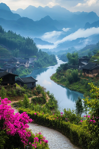 山间河流旁的村庄美景