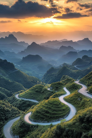 蜿蜒山路穿越重峦叠嶂的壮美风光