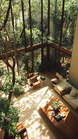 高天花板房间树木玻璃门