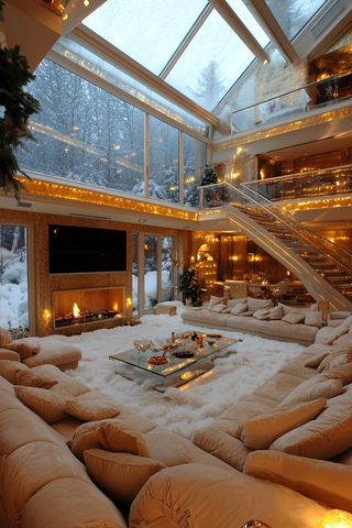 玻璃屋顶客厅沙发壁炉