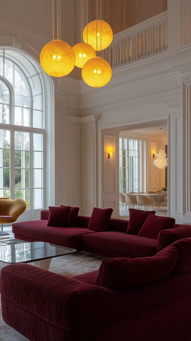 白色墙壁暗红沙发黄色灯光