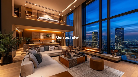 高楼客厅落地窗与壁炉设计