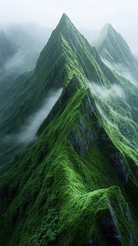 云雾缭绕的青葱山峦鸟瞰全景