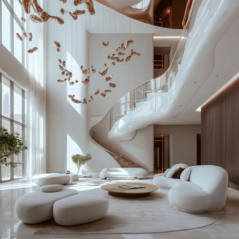 白色家具木地板铜灯楼梯