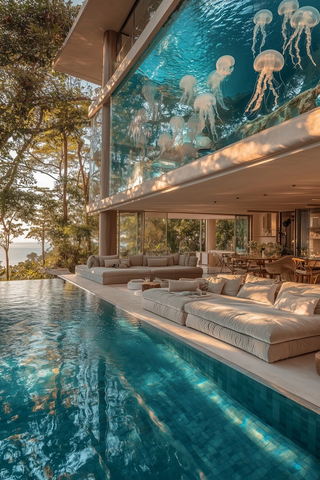 山坡别墅游泳池白珍珠墙