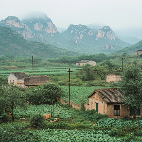 乡村风光中的房屋与远处群山景色