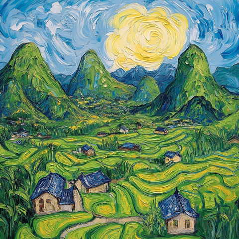 山间村落风景油画