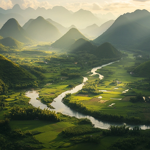 山间田野与河流的自然风光鸟瞰全景