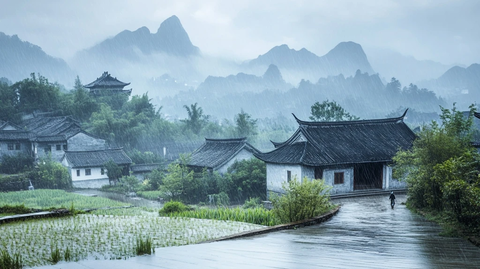 雨中江南古村落的宁静景象