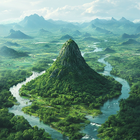 河流环绕的山林自然景观全景