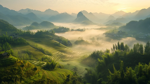 山间晨雾中的梯田景观