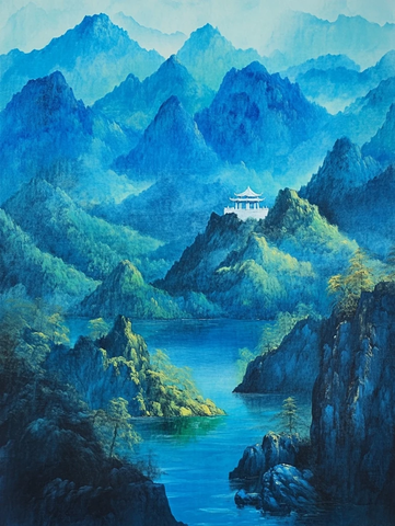 山间湖泊旁屹立着亭子的壮丽山景