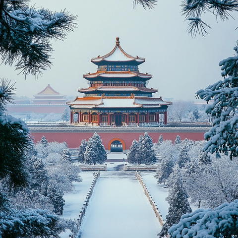 雪中故宫古建筑群的壮丽景象