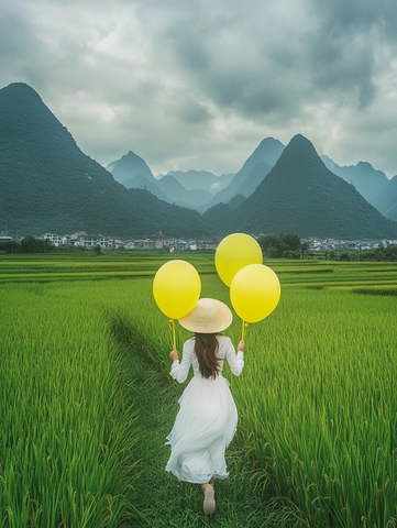 田野中拿气球的女子背影风景照