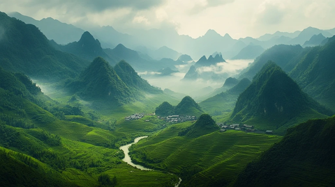 山间梯田与村庄的自然风光全景