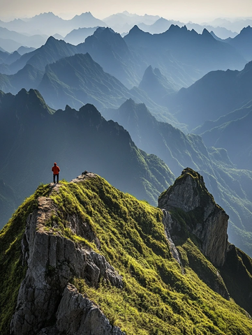 户外登山者站在群山之巅欣赏壮美风景