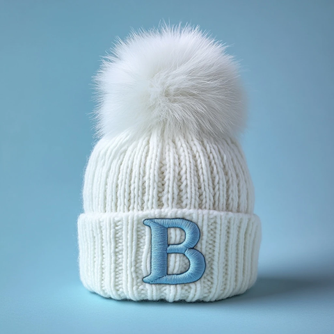 白色绒球帽刺绣字母