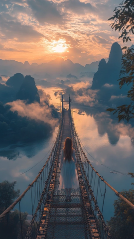 女子独自走在山水间的吊桥上