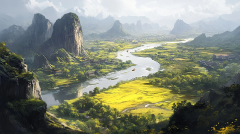 山间河流蜿蜒的自然景观全景