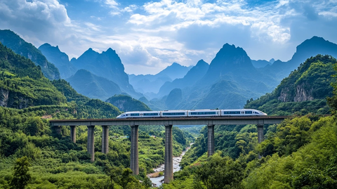 高架桥高铁穿行于山间的壮丽景象
