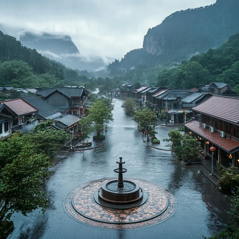 雨中的山间小镇全景