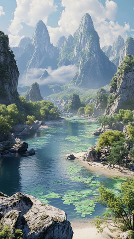 山水相依的秀丽自然风光全景