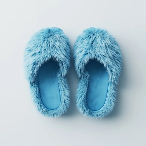 蓝色绒毛拖鞋摆放特写