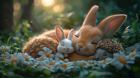 兔妈妈与小兔子和刺猬宝宝睡觉