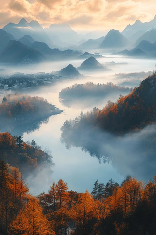 山林间雾气弥漫的河流自然景观