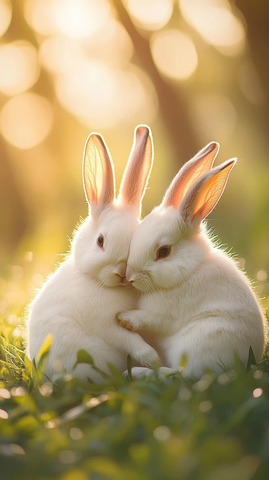 两只兔子并肩坐着