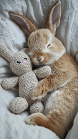 兔子依偎心爱玩偶小憩