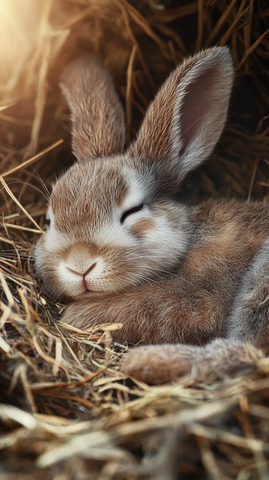 兔子睡在柔软干草上