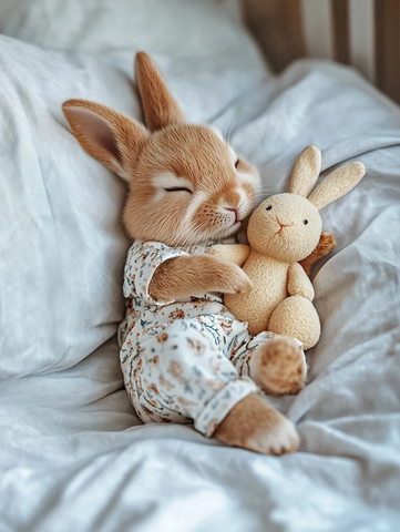 小兔穿睡衣抱玩偶躺床上